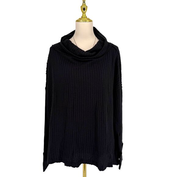 Free People Waffle Knit Long Sleeve Top MEDIUM Open Back Oversized Juicy Black - Picture 5 of 13